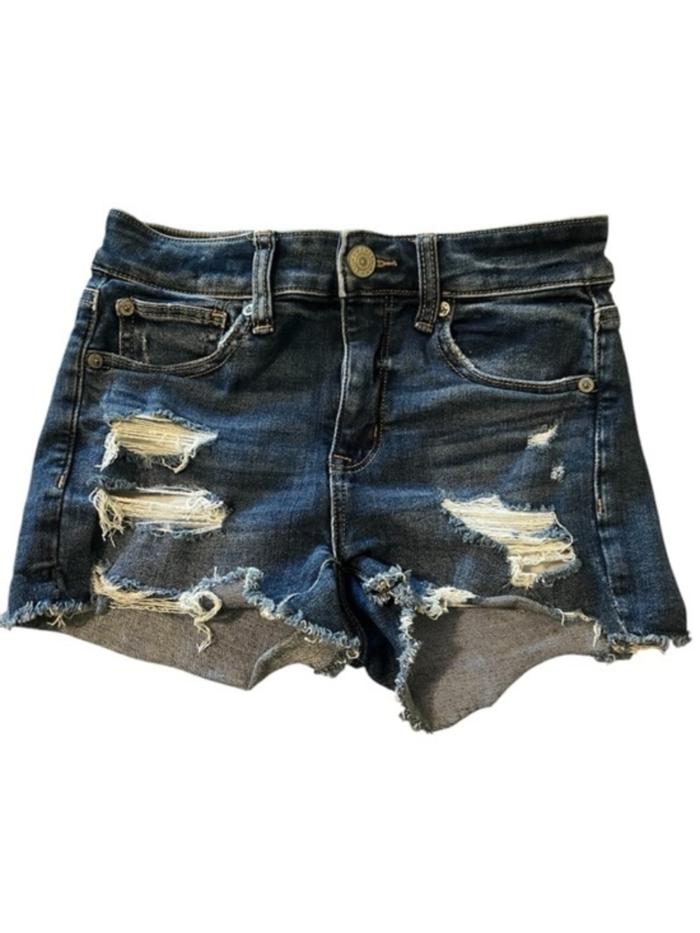 AEO Next Level Stretch Distressed Hi-rise Shortie Raw Hems Blue Jean Shorts S/2.